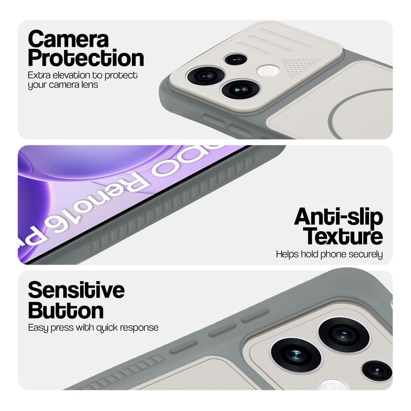 Dark Grey-White phone case for Oppo Reno 16 Pro 5G showing camera safety edges, anti slip side grip and easy press button covers.