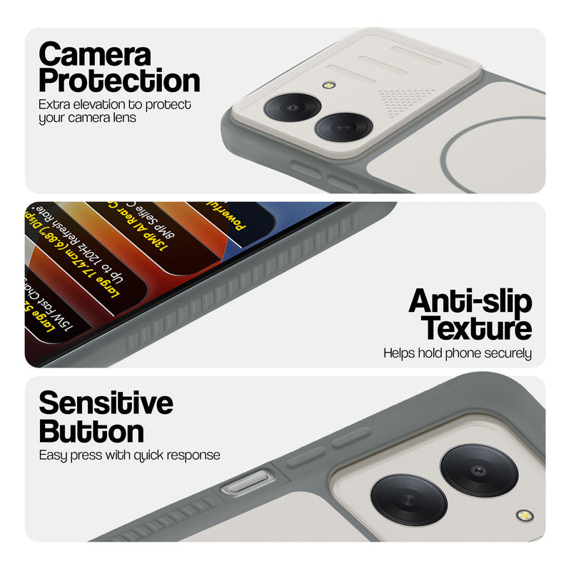 Dark Grey-White phone case for Poco C81x 4G showing camera safety edges, anti slip side grip and easy press button covers.