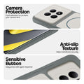 Dark Grey-White phone case for Redmi Note 15 5G showing camera safety edges, anti slip side grip and easy press button covers.