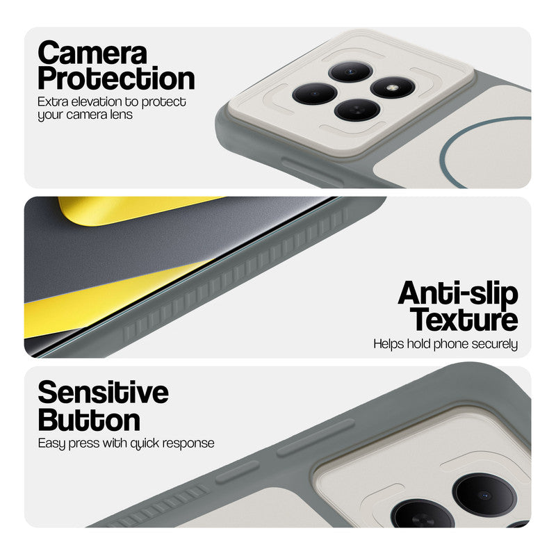 Dark Grey-White phone case for Redmi Note 15 SE 5G showing camera safety edges, anti slip side grip and easy press button covers.
