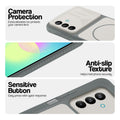 Dark Grey-White phone case for Samsung A27 5G showing camera safety edges, anti slip side grip and easy press button covers.