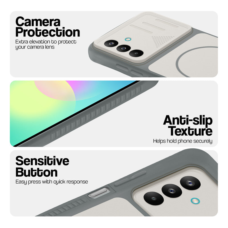Dark Grey-White phone case for Samsung A27 5G showing camera safety edges, anti slip side grip and easy press button covers.