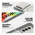 Dark Grey-White phone case for Samsung M47 5G showing camera safety edges, anti slip side grip and easy press button covers.