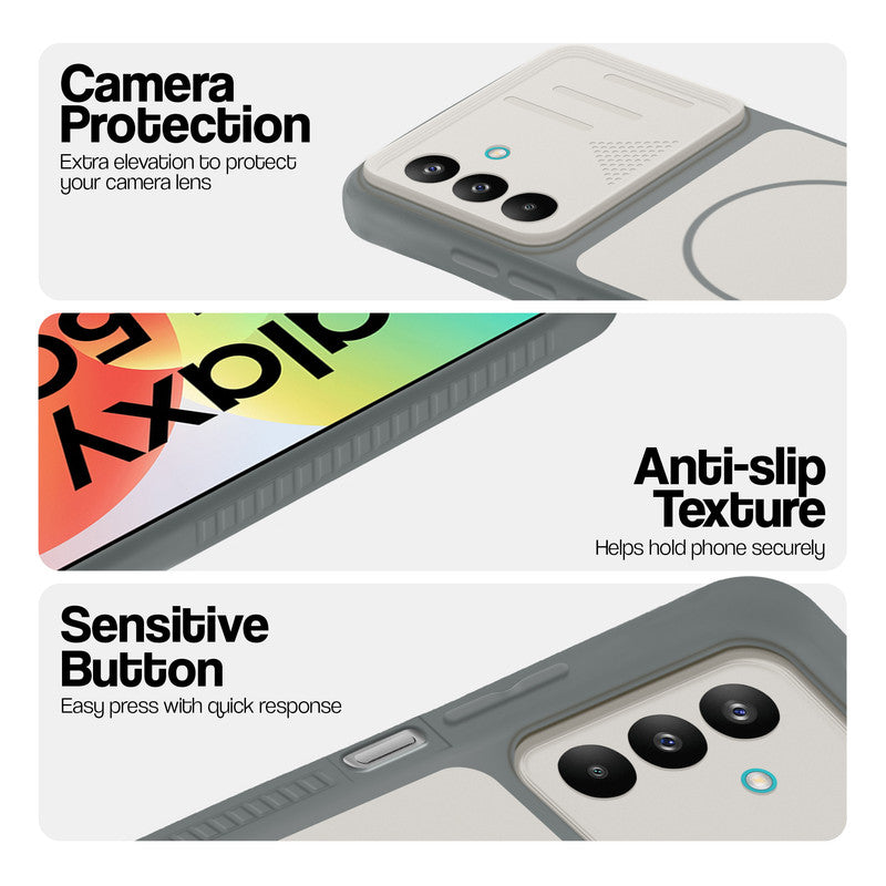 Dark Grey-White phone case for Samsung M47 5G showing camera safety edges, anti slip side grip and easy press button covers.