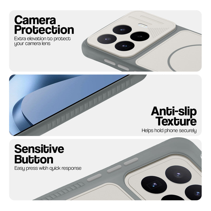 Dark Grey-White phone case for Xiaomi 17T 5G showing camera safety edges, anti slip side grip and easy press button covers.