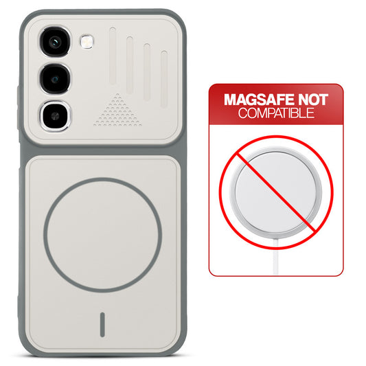 Dark Grey-White back cover for Realme P4R 5G with printed ring pattern and message showing not compatible with MagSafe charging.