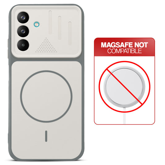 Dark Grey-White back cover for Samsung A27 5G with printed ring pattern and message showing not compatible with MagSafe charging.
