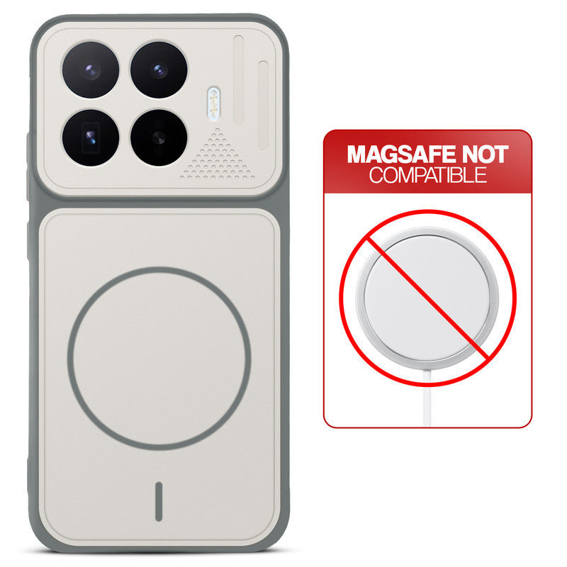 Dark Grey-White back cover for Xiaomi 17T 5G with printed ring pattern and message showing not compatible with MagSafe charging.