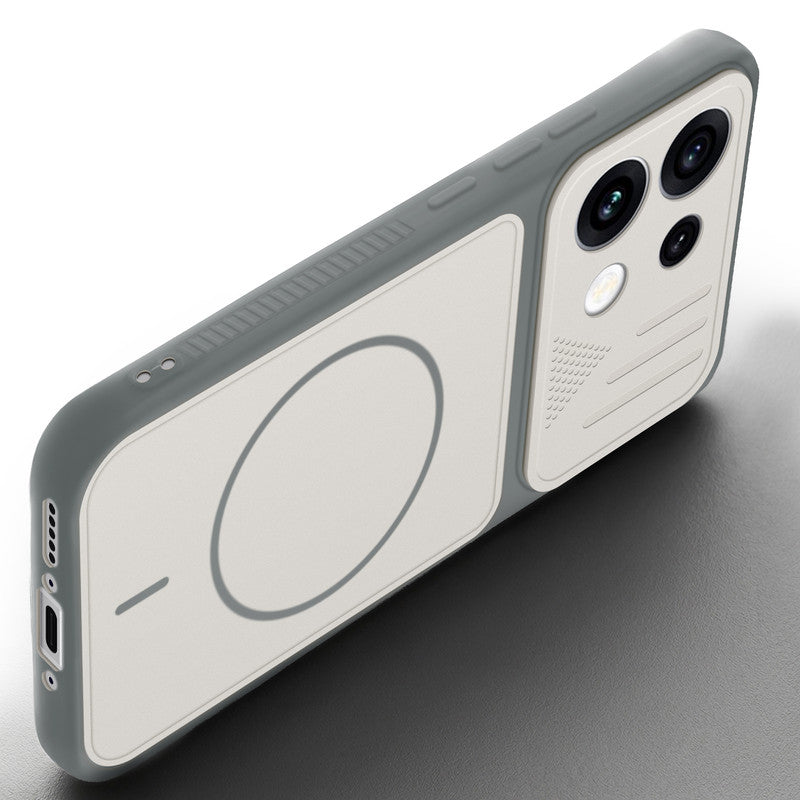Angled view of Dark Grey-White mobile case for Oppo Reno 16 Pro 5G with proper charging port cutout, speaker holes and strong corner protection.