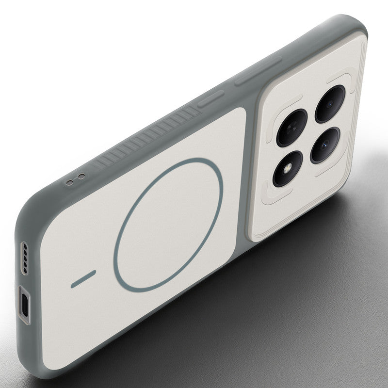Angled view of Dark Grey-White mobile case for Poco M8 5G with proper charging port cutout, speaker holes and strong corner protection.
