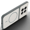 Angled view of Dark Grey-White mobile case for Redmi Note 15 SE 5G with proper charging port cutout, speaker holes and strong corner protection.
