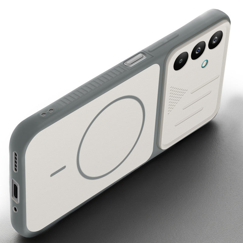 Angled view of Dark Grey-White mobile case for Samsung A27 5G with proper charging port cutout, speaker holes and strong corner protection.
