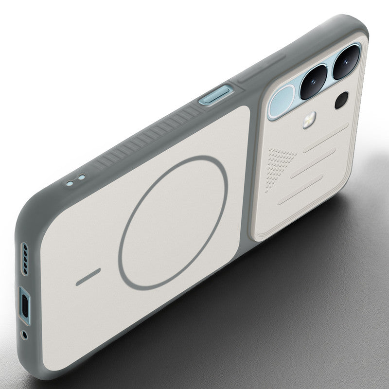 Angled view of Dark Grey-White mobile case for iQOO Z10X 5G with proper charging port cutout, speaker holes and strong corner protection.