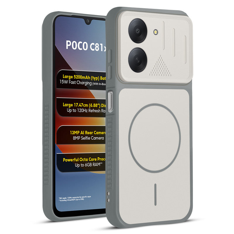 Front and back view of Dark Grey-White protective back cover for Poco C81x 4G with textured sides, camera guard and slim fit design.