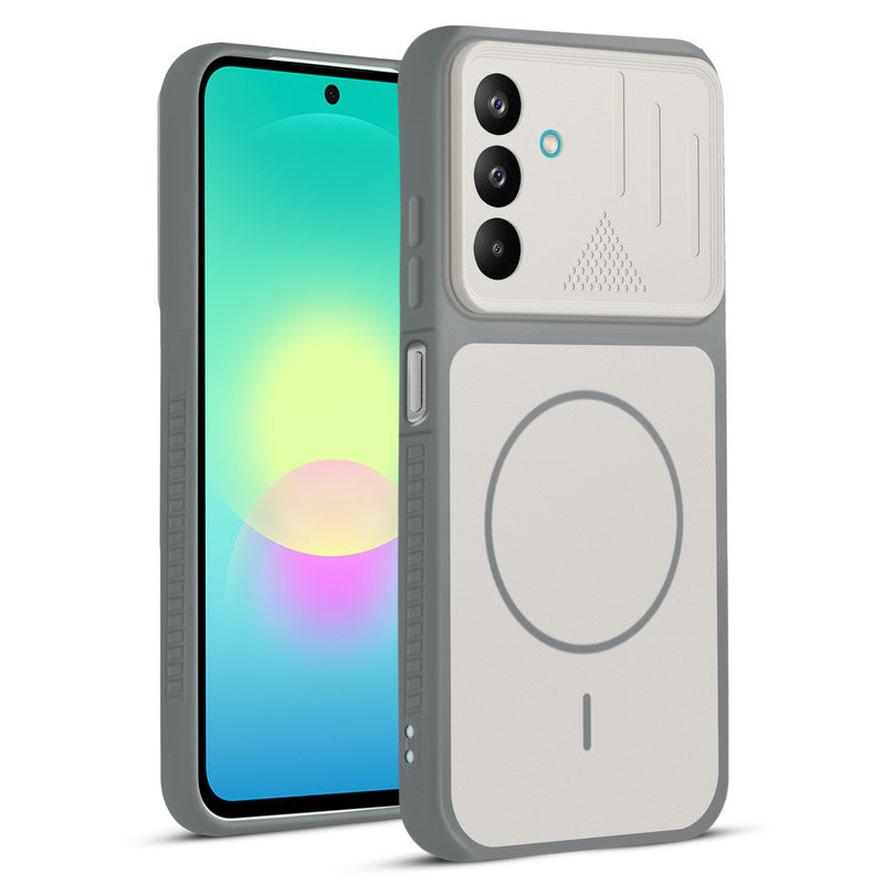 Front and back view of Dark Grey-White protective back cover for Samsung A27 5G with textured sides, camera guard and slim fit design.