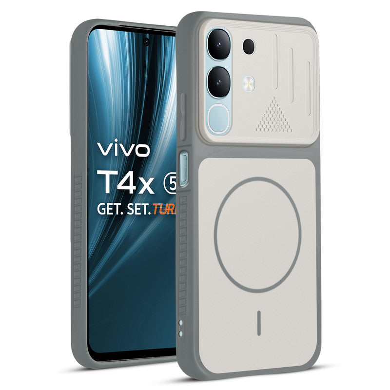Front and back view of Dark Grey-White protective back cover for Vivo T4x 5G with textured sides, camera guard and slim fit design.