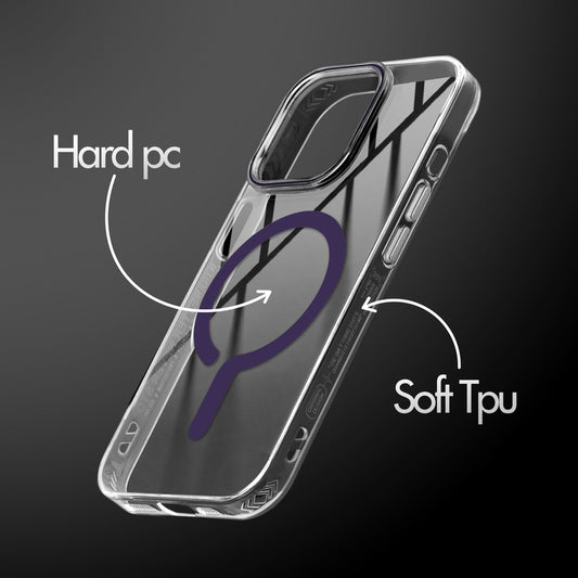 Crystal Clear Magnetic Back Case for Apple iPhone 14 Pro Max with Air Cushion Bumper & Metal Finish Buttons