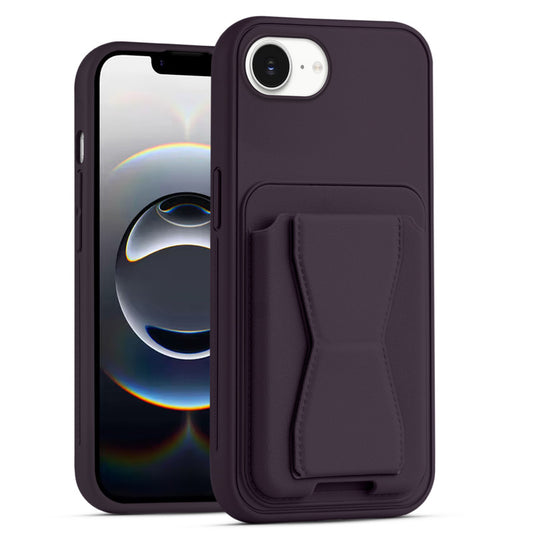 All in One Premium Leather Back Cover for Apple iPhone 16e with Card Slot & Foldable Grip Holder