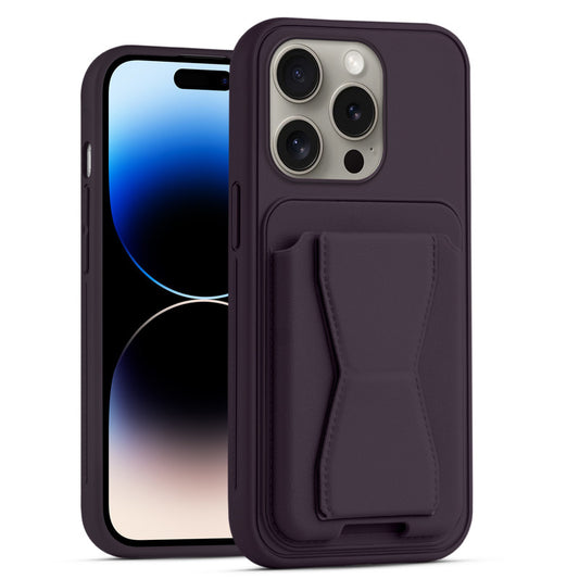 All in One Premium Leather Back Cover for Apple iPhone 14 Pro with Card Slot & Foldable Grip Holder