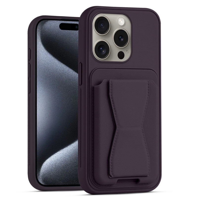 All in One Premium Leather Back Cover for Apple iPhone 15 Pro with Card Slot & Foldable Grip Holder