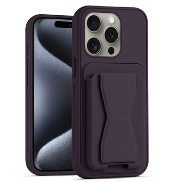 All in One Premium Leather Back Cover for Apple iPhone 15 Pro with Card Slot & Foldable Grip Holder