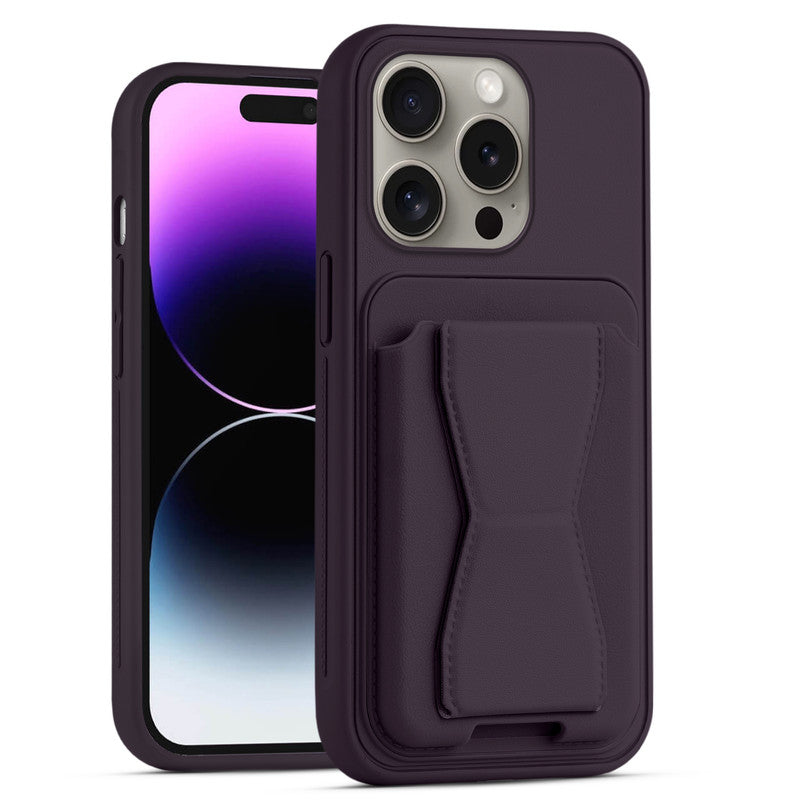 All in One Premium Leather Back Cover for Apple iPhone 14 Pro Max with Card Slot & Foldable Grip Holder