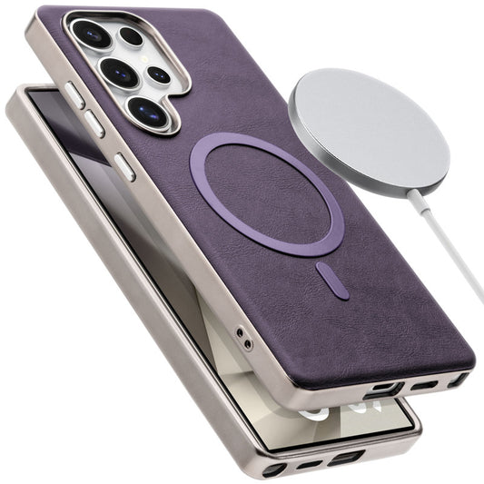 Premium Faux Leather MagSafe Compatible Case for Samsung S24 Ultra 5G With Metal Finish Edges