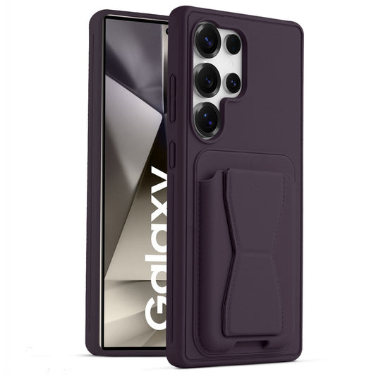 All in One Premium Leather Back Cover for Samsung S24 Ultra 5G with Card Slot & Foldable Grip Holder
