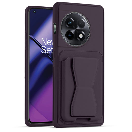 All in One Premium Leather Back Cover for OnePlus 11R 5G with Card Slot & Foldable Grip Holder