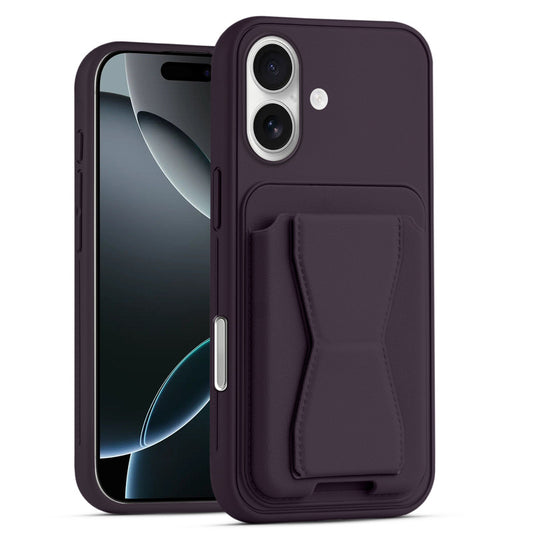 All in One Premium Leather Back Cover for Apple iPhone 16 with Card Slot & Foldable Grip Holder