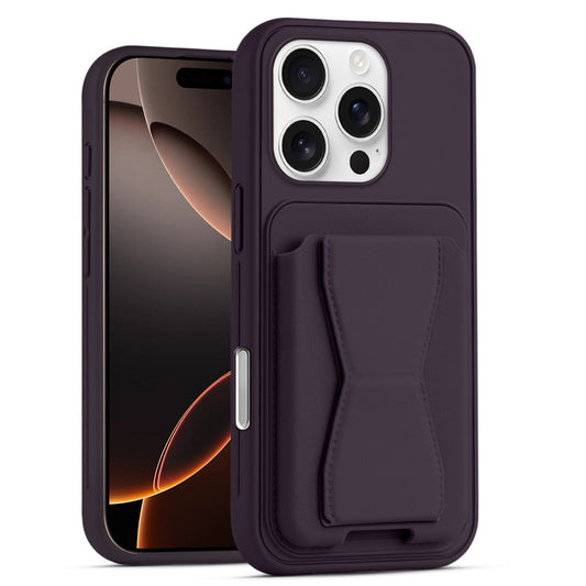 All in One Premium Leather Back Cover for Apple iPhone 16 Pro with Card Slot & Foldable Grip Holder