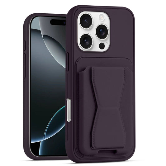All in One Premium Leather Back Cover for Apple iphone 16 Pro Max with Card Slot & Foldable Grip Holder