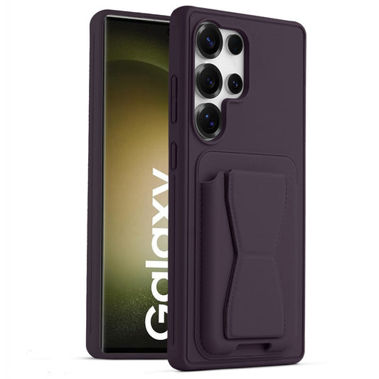 All in One Premium Leather Back Cover for Samsung S23 Ultra 5G with Card Slot & Foldable Grip Holder