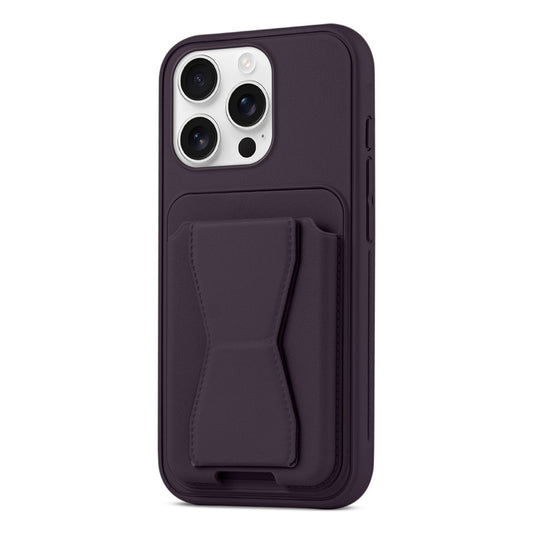 All in One Premium Leather Back Cover for Apple iPhone 16 Pro with Card Slot & Foldable Grip Holder