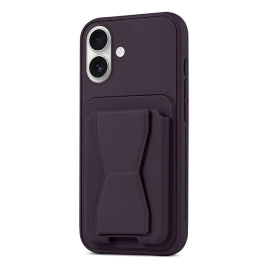 All in One Premium Leather Back Cover for Apple iPhone 16 with Card Slot & Foldable Grip Holder