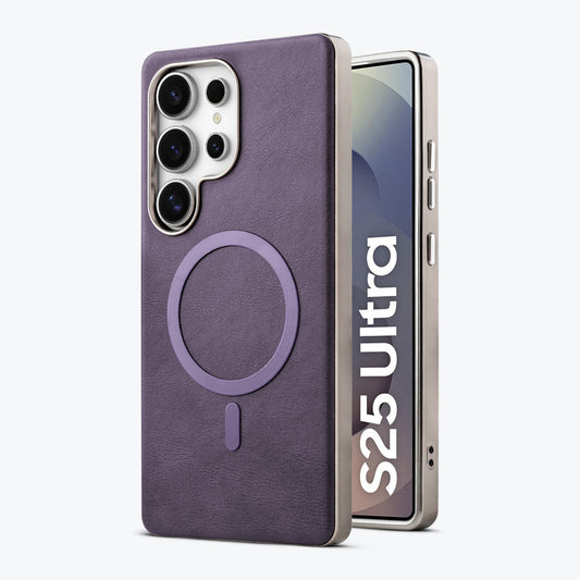 Premium Faux Leather MagSafe Compatible Case for Samsung S25 Ultra 5G With Metal Finish Edges