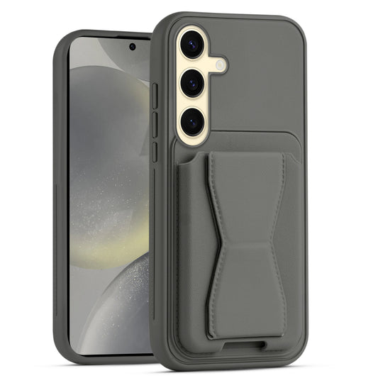 All in One Premium Leather Back Cover for Samsung S24 5G with Card Slot & Foldable Grip Holder