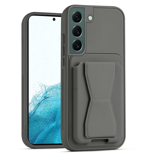 All in One Premium Leather Back Cover for Samsung S22 5G with Card Slot & Foldable Grip Holder