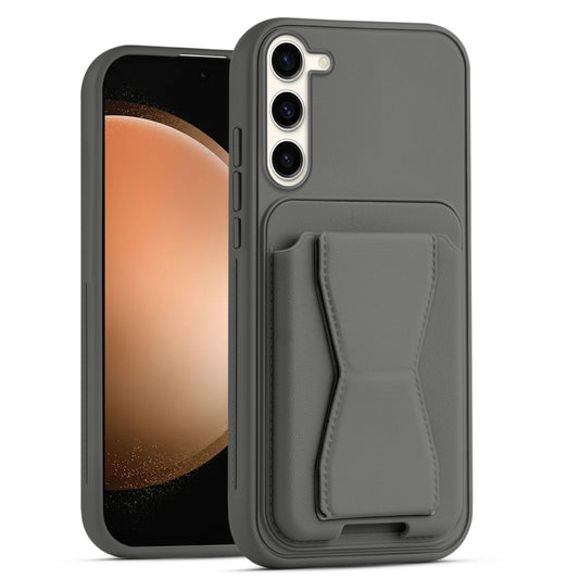 All in One Premium Leather Back Cover for Samsung S23 5G with Card Slot & Foldable Grip Holder