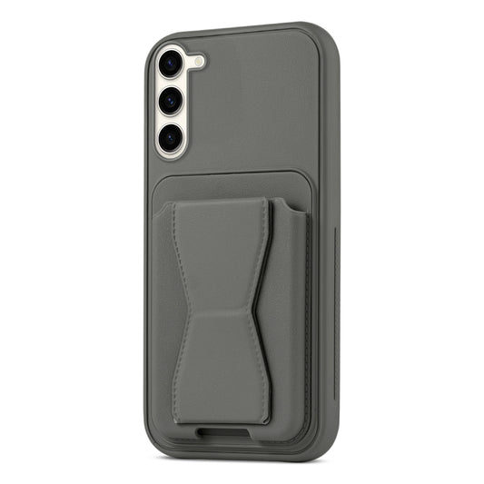 All in One Premium Leather Back Cover for Samsung S23 5G with Card Slot & Foldable Grip Holder