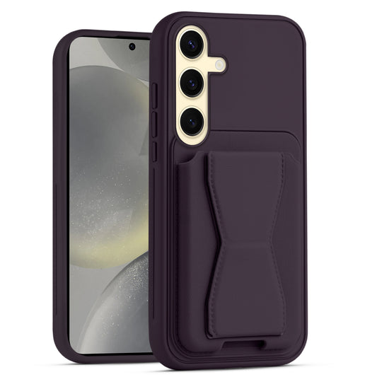 All in One Premium Leather Back Cover for Samsung S24 5G with Card Slot & Foldable Grip Holder