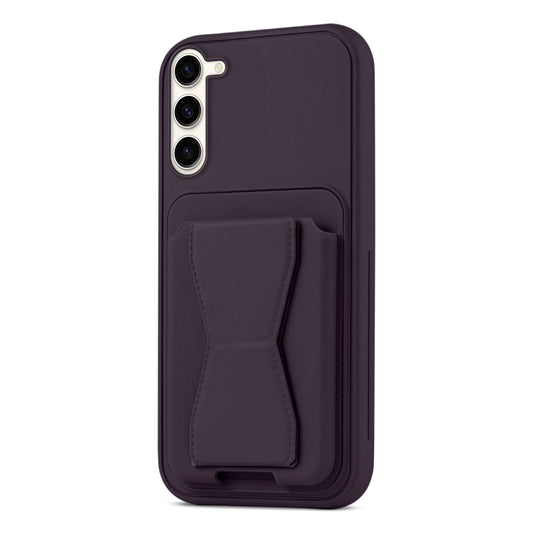 All in One Premium Leather Back Cover for Samsung S23 5G with Card Slot & Foldable Grip Holder