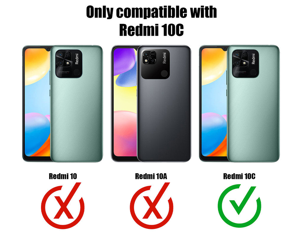 Clear hard back case compatibility guide showing fit for Redmi 10C and not compatible with other models