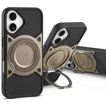 Wireless Charging Support Compatible with Metal Finish Ring Stand & Silicone Grip Back Case For Apple iPhone 16