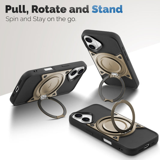 MagSafe Compatible with Metal Finish Ring Stand & Silicone Grip Back Case For Apple iPhone 16