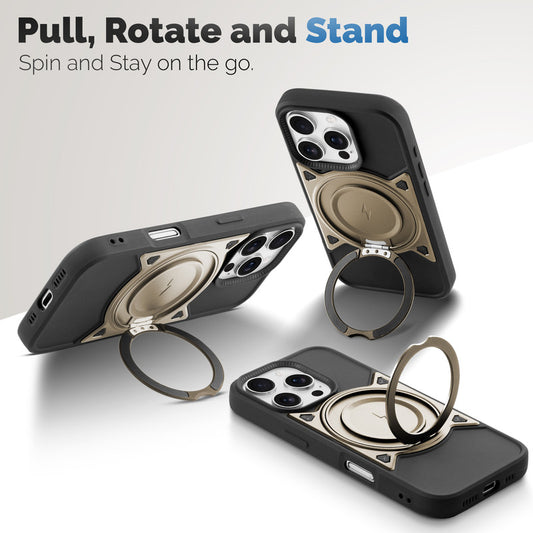 MagSafe Compatible with Metal Finish Ring Stand & Silicone Grip Back Case For Apple iPhone 16 Pro