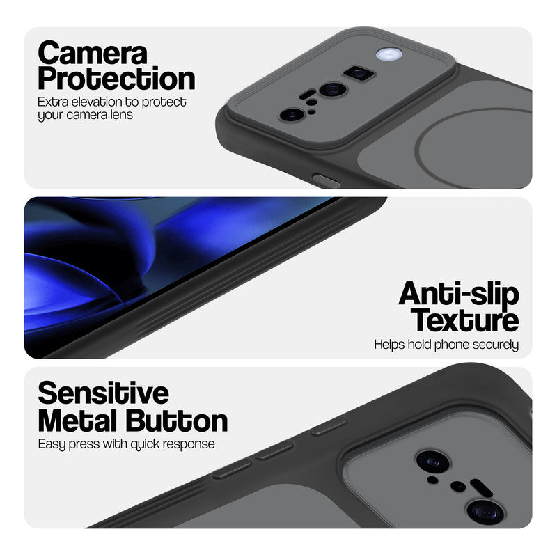Black Phone case for Google Pixel 10 5G highlighting raised camera protection, anti-slip texture, and responsive side buttons