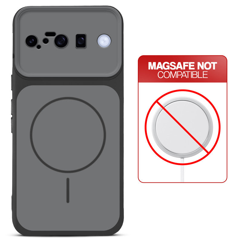 Dual tone silicone Black phone cover for Google Pixel 10 5G showing wireless charging not supported notice