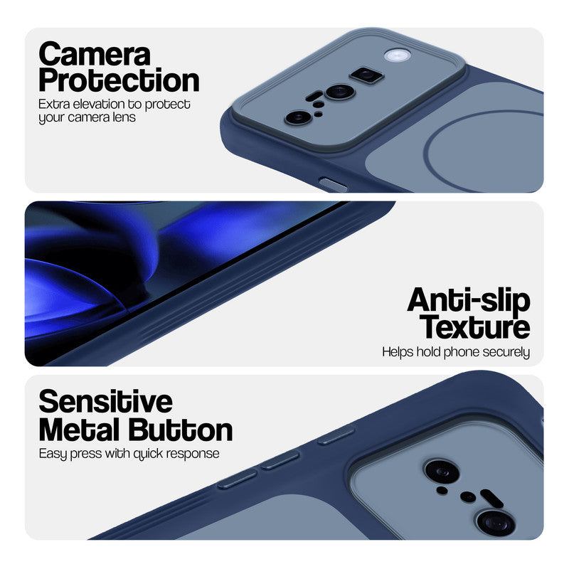 Blue Phone case for Google Pixel 10 5G highlighting raised camera protection, anti-slip texture, and responsive side buttons