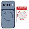 Dual tone silicone Blue phone cover for Google Pixel 10 5G showing wireless charging not supported notice